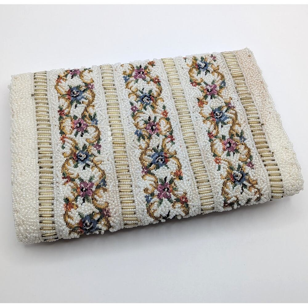 Vintage Tapestry Floral White Beaded Purse Shoulder Bag Adjustable Chain Strap - Picture 10 of 12
